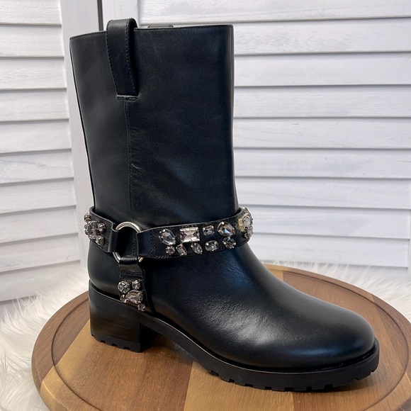 WHBM l Black Moto Studded Leather Chunky Boot Size 5.5 NWOB Rugged Stylish Fun - Picture 5 of 13